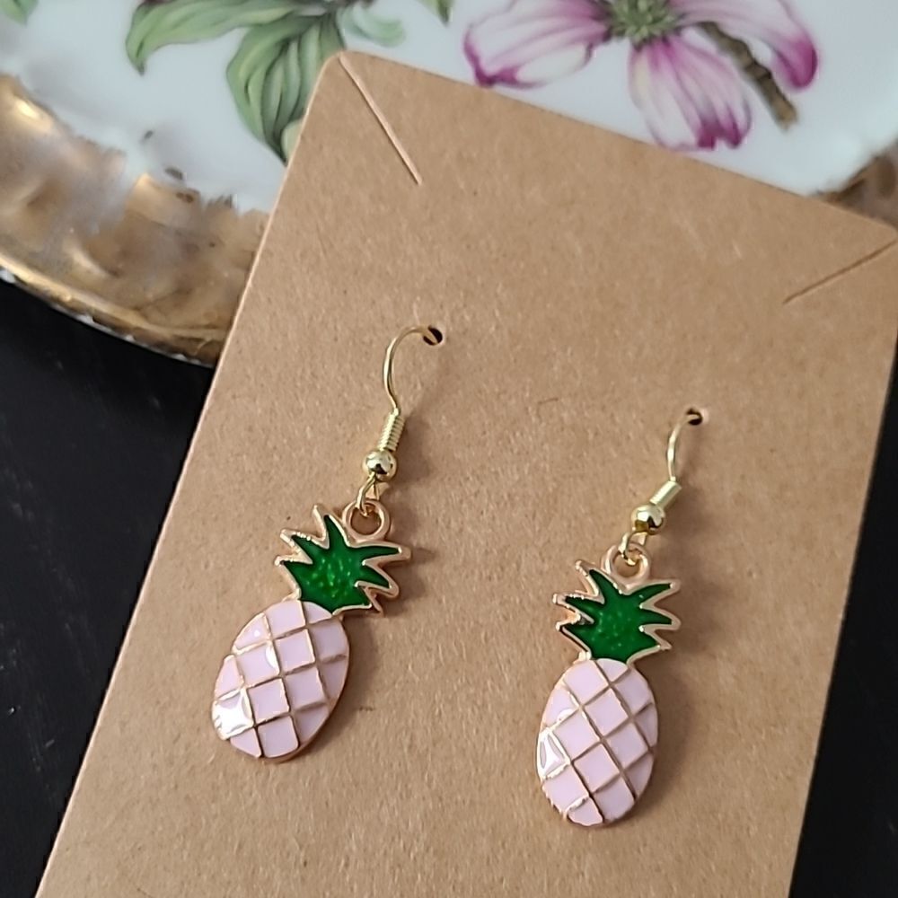 New Hand Crafted Cute Pink Pineapple Earrings 14K Gold Plated Hooks